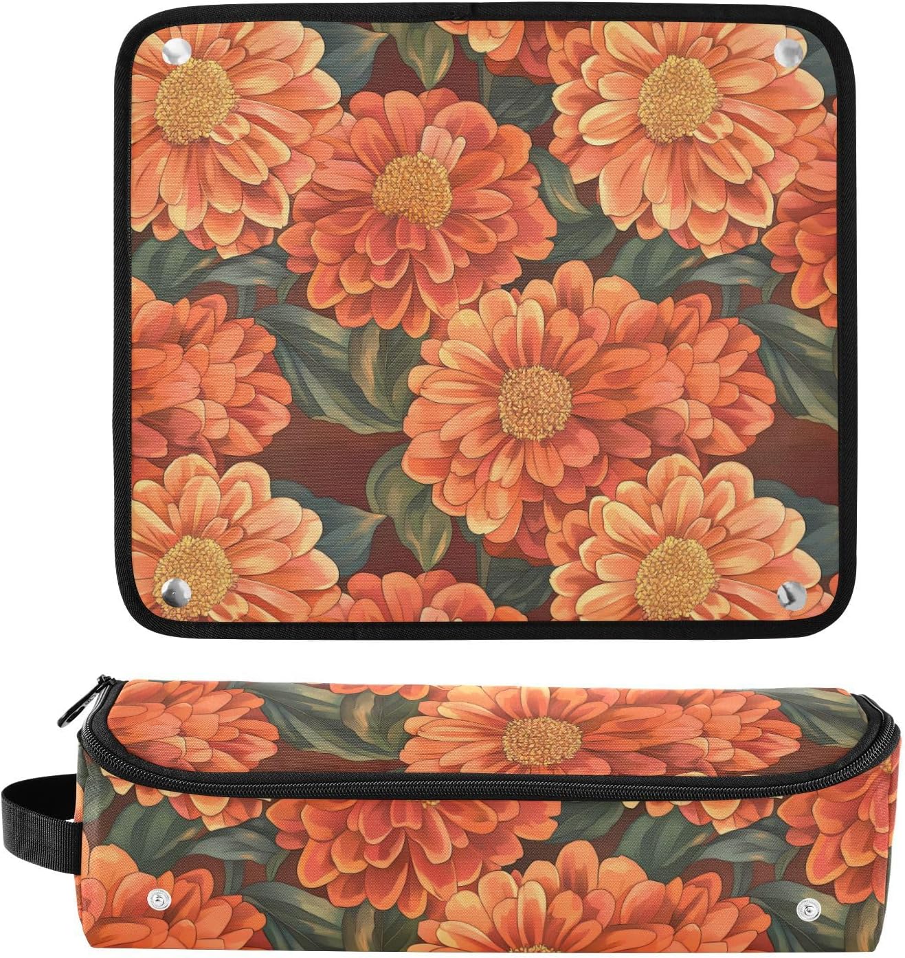 Borsa da viaggio per strumenti per capelli con motivo floreale arancione e tappetino resistente al calore, custodia da viaggio portatile per strumenti caldi e accessori per la cura dei capelli