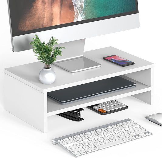 FITUEYES Wood Monitor Stand Riser 2 Tiers 16.7 inch Computer Laptop Stand with Storage Shelf, Desk Organization for Home Office Supplies, White,DT204205WW