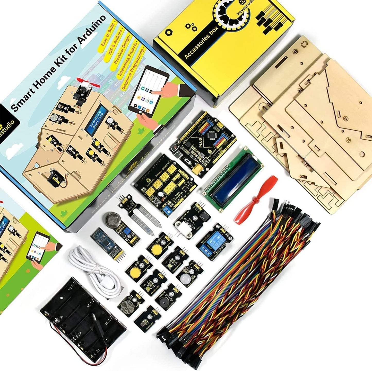 KEYESTUDIO Smart Home Starter Kit for Arduino R3, Electronics Home Automation Coding Kit, Wooden House DIY Sensor Kit STEM Educational Set for Adults Teens 15+