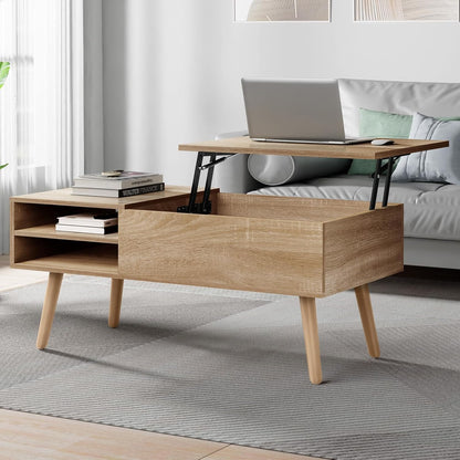 ALFORDSON Lift Tabletop Coffee Table Center Table Wood Color, Living Room Office Reception Dining Table with Rising Top, Hidden Storage and Side Open Shelves