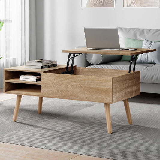 ALFORDSON Lift Tabletop Coffee Table Center Table Wood Color, Living Room Office Reception Dining Table with Rising Top, Hidden Storage and Side Open Shelves