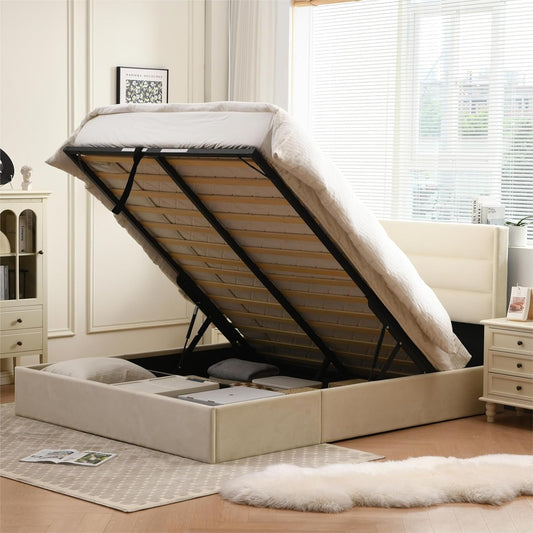 YUHUASHI Lift Up Storage Bed, Hydraulic Lifting Mechanism, Modern Flat Back Headboard, Wooden Slats, No Spring Required (White, Full)