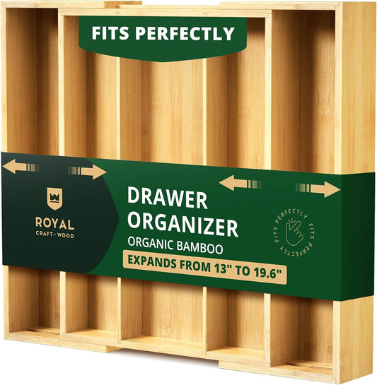Bamboo Kitchen Drawer Organizer - Expandable Silverware Organizer/Utensil Holder and Cutlery Tray with Grooved Drawer Dividers for Flatware and Kitchen Utensils (Natural, 5 Slots)