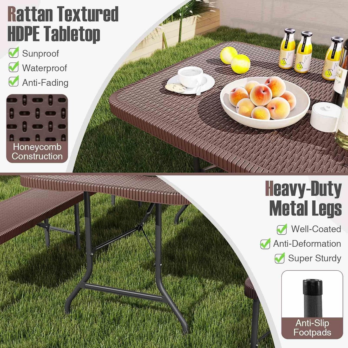 Costway 180cm Outdoor Portable Folding Table, 160kg Fold-in-Half Table w/HDPE Rattan-Like Tabletop, Safe Lock Mechanism, Patio Folding Dining Table w/Carrying Handle for Party, Picnic, Camping