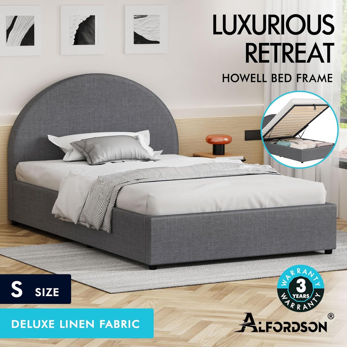 ALFORDSON Single Size Bed Frame with Padded Headboard, Gas Lift Bed Frame with Storage, Grey Fabric