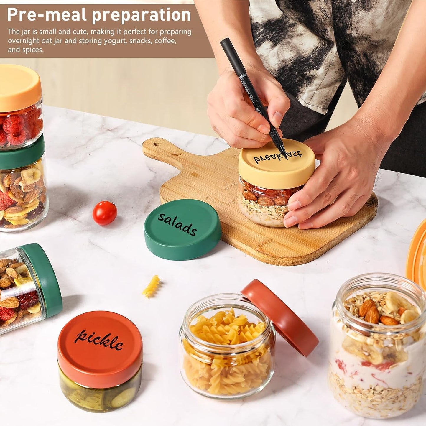 Feshory 6 Pack Overnight Oats Container Jar with Screw Lid - Wide Mouth & Airtight Glass Food Storage Jar, Wide Mouth Glass Meal Prep Containers for Food, Salad, Spice, Snacks, Dressing Sauce