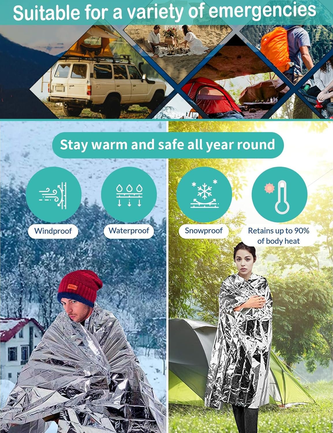 10 PCS Emergency Mylar Thermal Blankets, Waterproof Rescue blanket, Outdoor survival portable emergency blanket, Reflective Camping blanket, Space Blanket Survival kit, Body Warmer Blanket for Outdoor