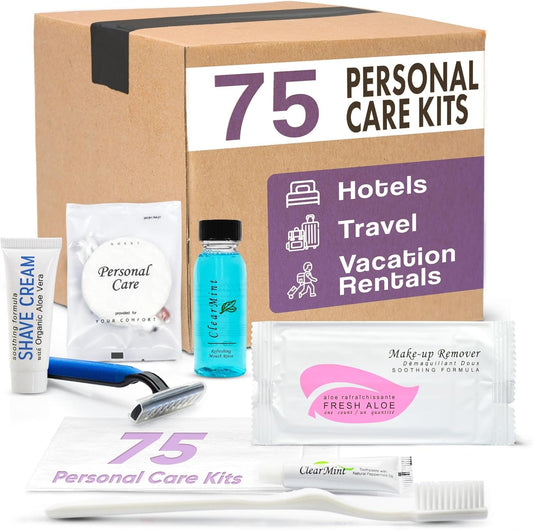 Personal Care Travel Toiletries | 1-Shoppe Amenities Kit | Travel Shaving Set, Toothbrush & Paste, Mouthwash, Makeup Wipes, Swabs, Nail File & Sewing Kit | 75 Pieces