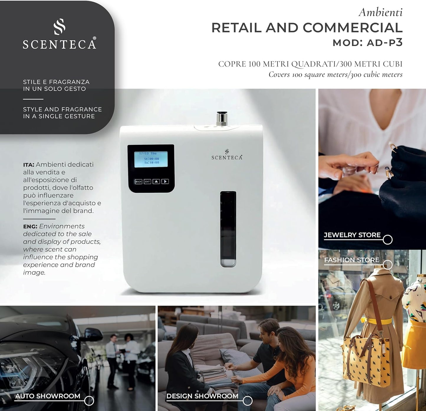 SCENTECA® AD-P3 Fragrance Diffuser for Domestic and Commercial Use Mist, Connectable Hvac, Coverage up to 100 m²/300 mc, 100 ml Fragrance Included "The White and Spring Flowers"
