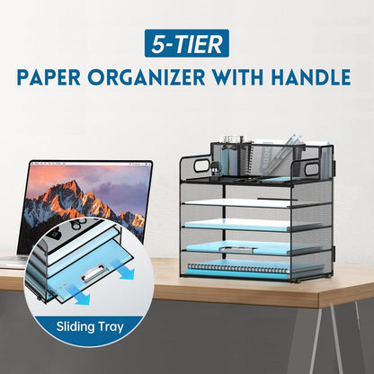 JMHUD 5-Tier Paper Letter Tray Organizer with Pen Holder, Mesh Desk Accessories & Workspace Organizers with Handle, File Sorter Office Supplies for Desk,Black