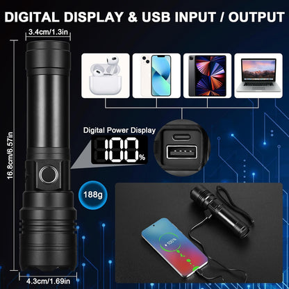 Rechargeable Flashlight 200000 High Lumens, Tactical Led Flashlight with LCD Display, Brightest Flashlight Powerful XHP70.2, Flash Light IPX7 Waterproof for Camping, Hiking, Emergency Gift