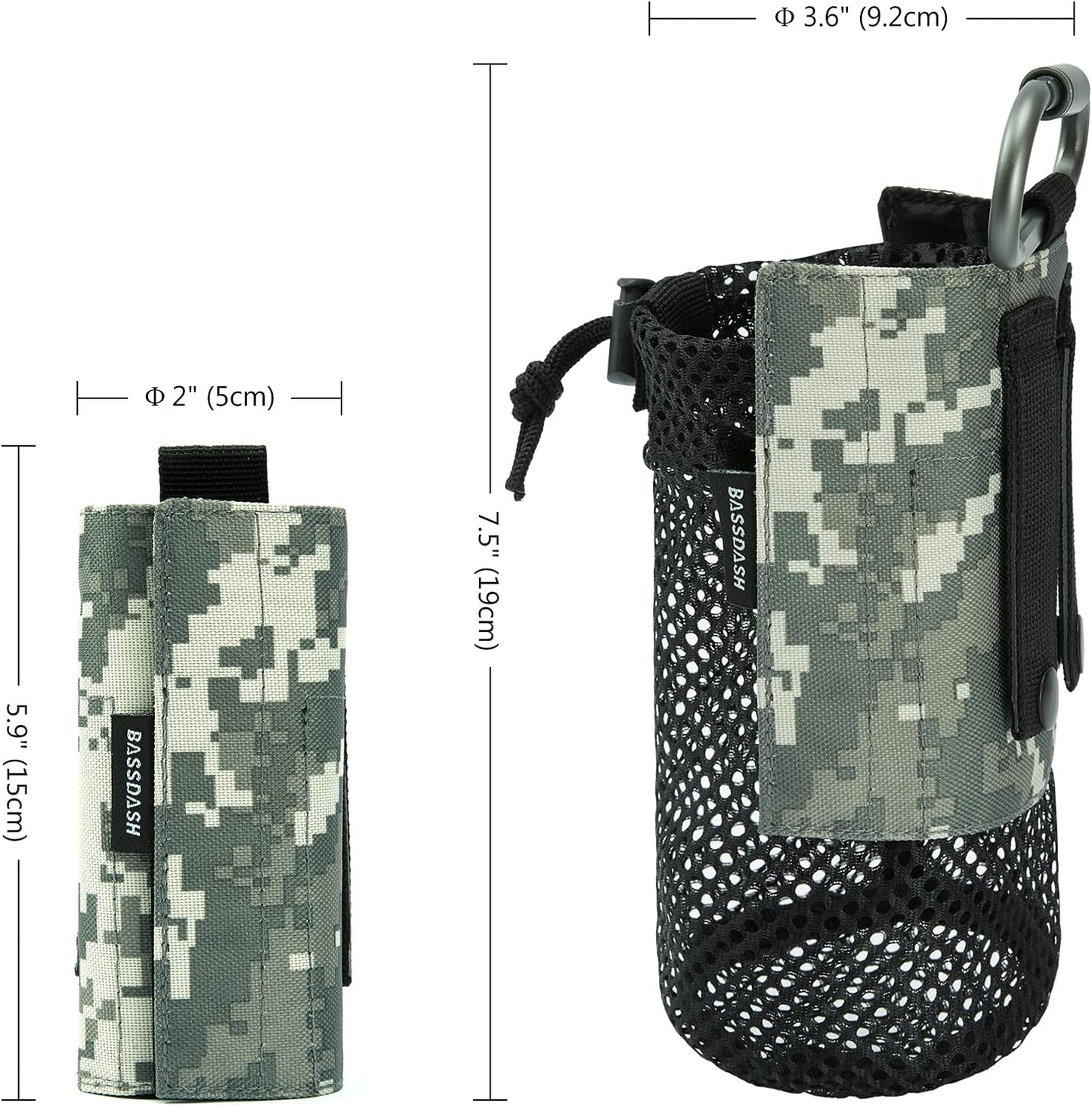 Bassdash Tactical Molle Water Bottle Pouch with Carabiner Foldable Mesh Holder Bag for Travel Fishing Hunting Hiking Outdoor Activities