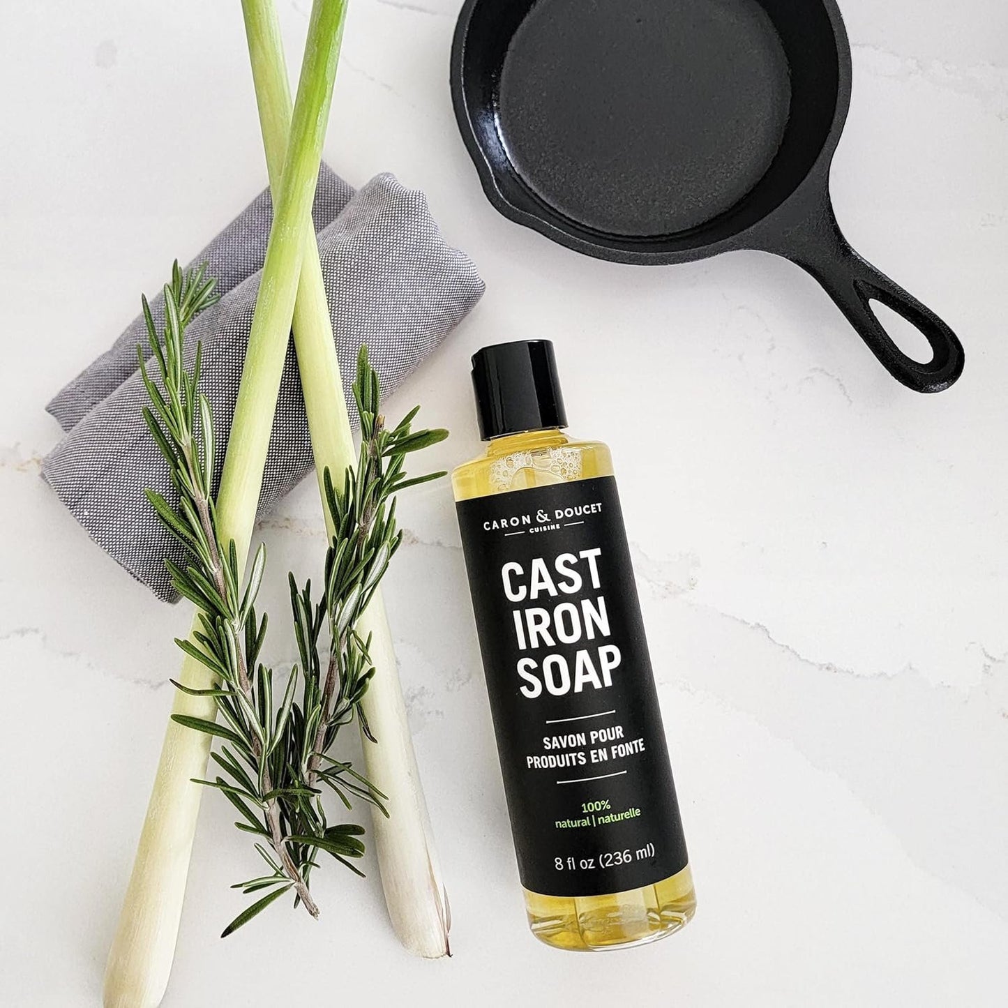 Caron & Doucet - Cast Iron Cleaning & Conditioning Set: Seasoning Oil & Cleaning Soap | 100% Plant-Based | Best for Cleaning, Washing, Restoring & Seasoning Cast Iron Skillets, Pans & Grills! 8oz Each