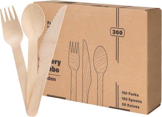 Pantry Value [300 Combo Pack] Compostable Wooden Cutlery Set, 150 Forks - 100 Spoons - 50 Knives Disposable Utensils for Parties, Camping, and Everyday Use- Biodegradable Silverware Sets