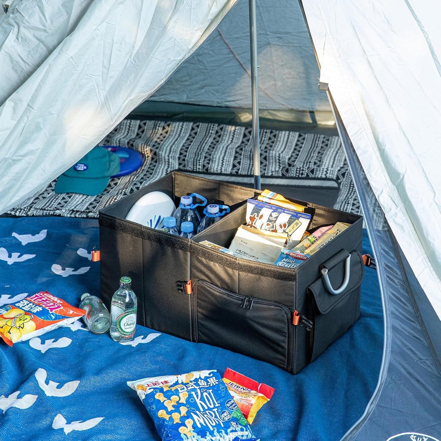 SHIMOYAMA Trunk Organizer, 63L Foldable Car Storage Box for Camping, Picnic, Collapsible Multi Compartments for SUV, Car Storage Bin with Aluminum Handles, Black