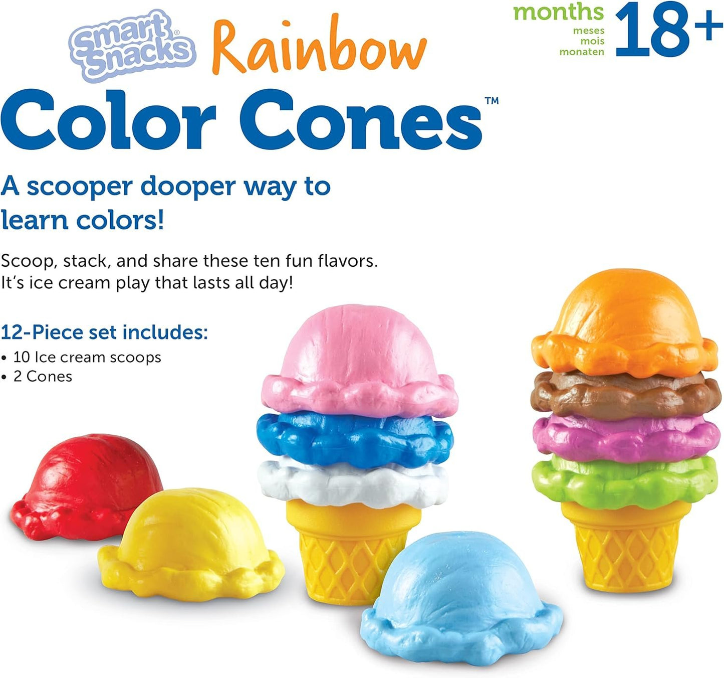 Learning Resources Smart Snacks Rainbow Color Cones - 12 Pieces, Ages 18+ months Toddler Pretend Play Toys, Fine Motor Skills Toys, Preschool Learning Toys
