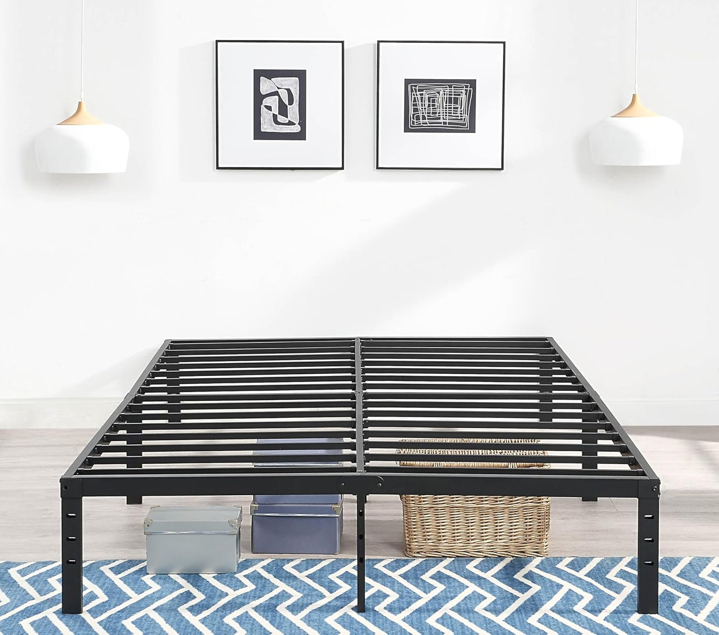 Lennox furniture Full Sturdy Steel Pre-Assembled 14 Slats Metal Platform Bed Frame Support No Box Spring Needed Fast and Easy Assembly