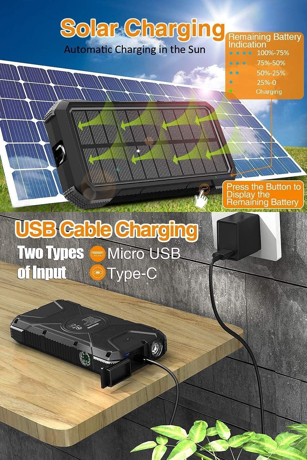 Solar Power Bank 26,800mAh, Wireless Solar Charger IPX6 Waterproof, Solar Battery Charger 3 Outputs USB C with LED Flashlight Compass, Solar Phone Charger for iPhone Samsung Tablet Camping Outdoor