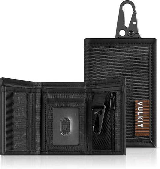 VULKIT Mens RFID Blocking Trifold Wallet Water-Rsistant Fabric and Leather Credit Card Holder with Zip Coin Pocket & Key Buckle for Daily Travel Outdoor