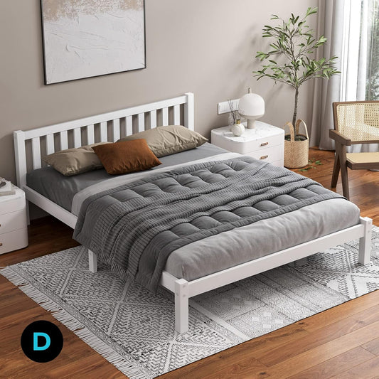 ALFORDSON Double Bed Frame Wooden Bed Base with Timber Slats, Solid Pine Wood Mattress Base Platform Support, Bed Foundation with Storage Space, Home Bedroom Furniture (Fenella Series in White)