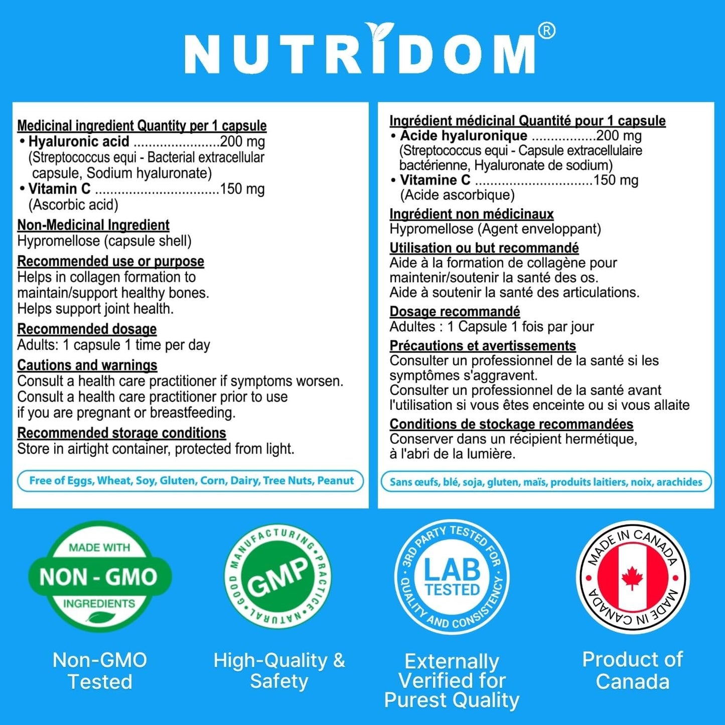 Nutridom Hyaluronic Acid Supplements 200mg with Vitamin C (120 count) Vegan, Non-GMO, Gluten-free, Dairy-free, and Soy-free