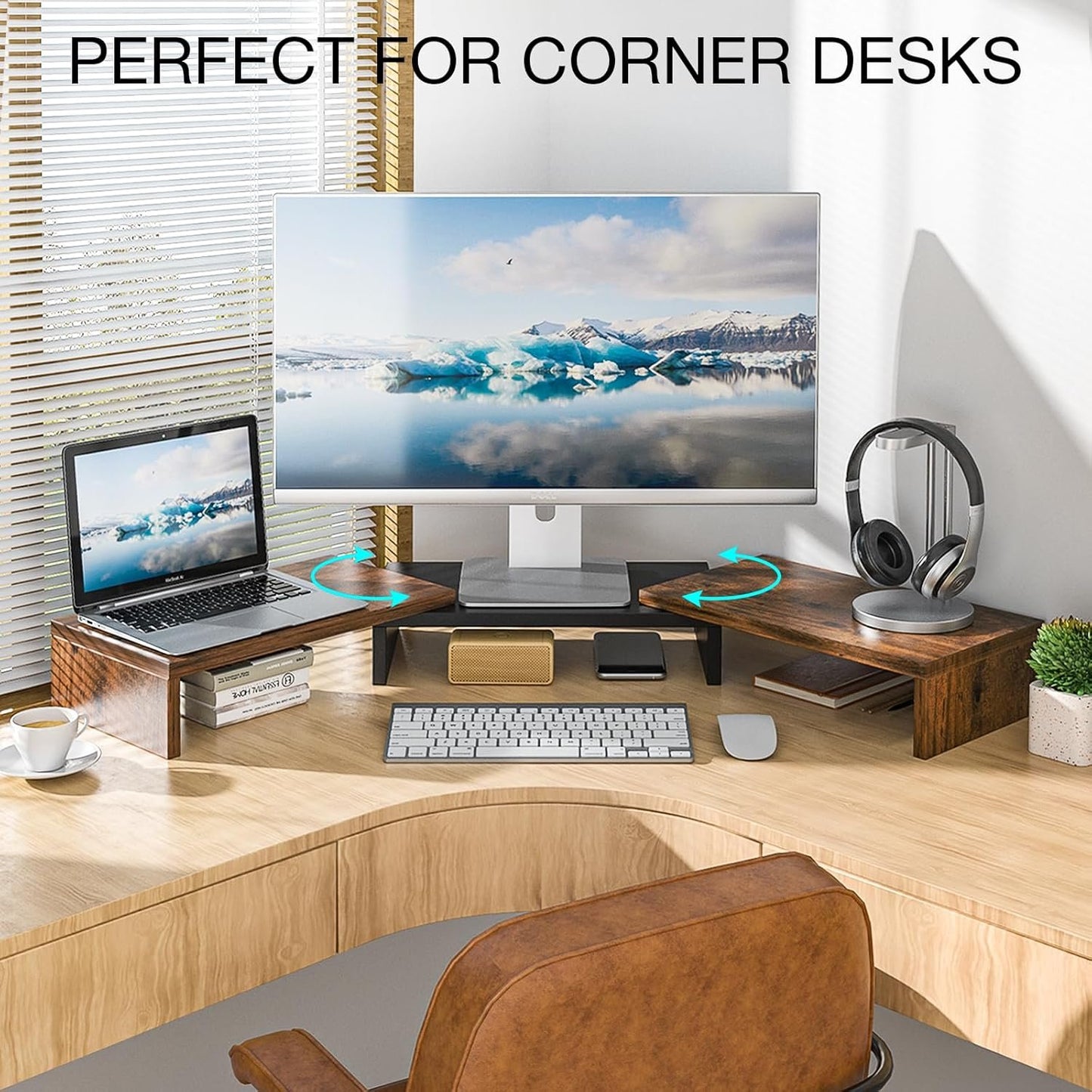 Rfiver Dual Monitor Stand, Desk Monitor Riser with 48.2" Adjustable Length and Angle, Computer Monitor Stand for Desk Riser Shelf, Office Supplies, Computer Accessories, Brown