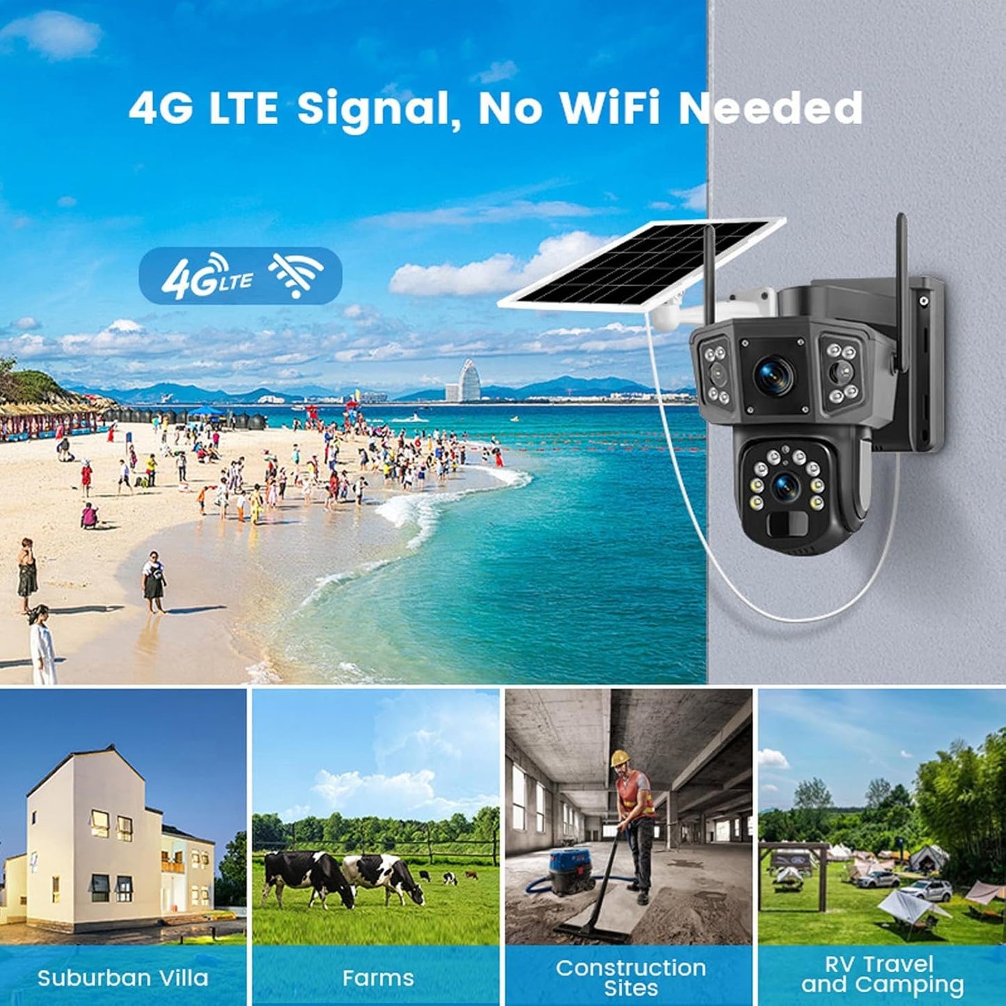 4K Security Camera with Solar Panel, WiFi 4G, Dual Lens, Color Night Vision, 2 Way Talk, 360Â° Pan 90Â° Tilt, Auto Tracking, Motion Detection, 8000mAh for Outdoor Use