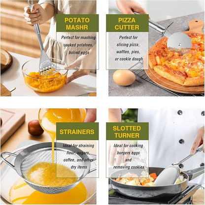Stainless Steel Kitchen Utensil Set- Fungun 28 Pcs Cooking Nonstick Cookware Set with Spatula - Best Gadgets Tools Kitchen Accessories