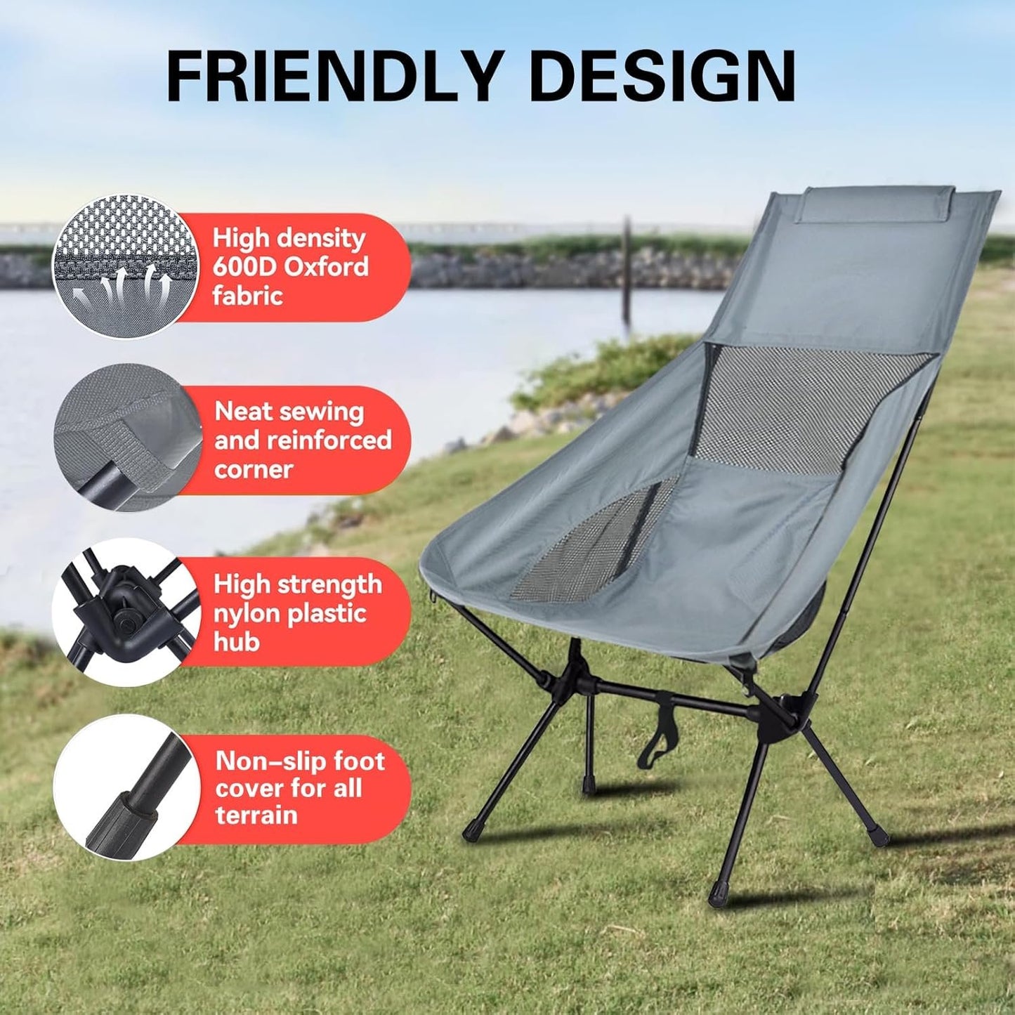 XIULIUU Lightweight Folding Camping Chairs, Portable Camping Chair with Storage Bag, Ultralight Backpacking Chair for Outdoor Camp Travel Beach Picnic Festival Hiking, Supports 150kg (Grey, Large)