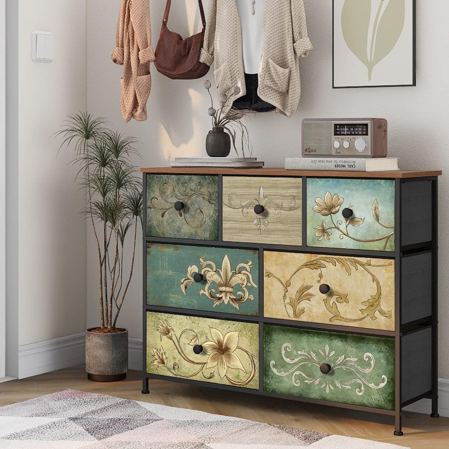 VEDECASA Bohemia 7 Drawer Dresser with Wooden Panel, Fabric Drawers, Metal Frame, Tower Dresser Organizer for Living Room, Bedroom, Hallway, VE0048