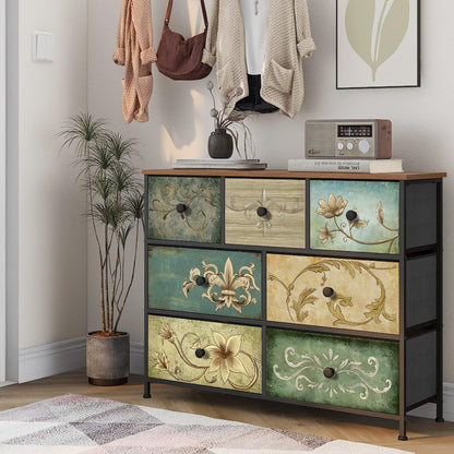 VEDECASA Bohemia 7 Drawer Dresser with Wooden Panel, Fabric Drawers, Metal Frame, Tower Dresser Organizer for Living Room, Bedroom, Hallway, VE0048