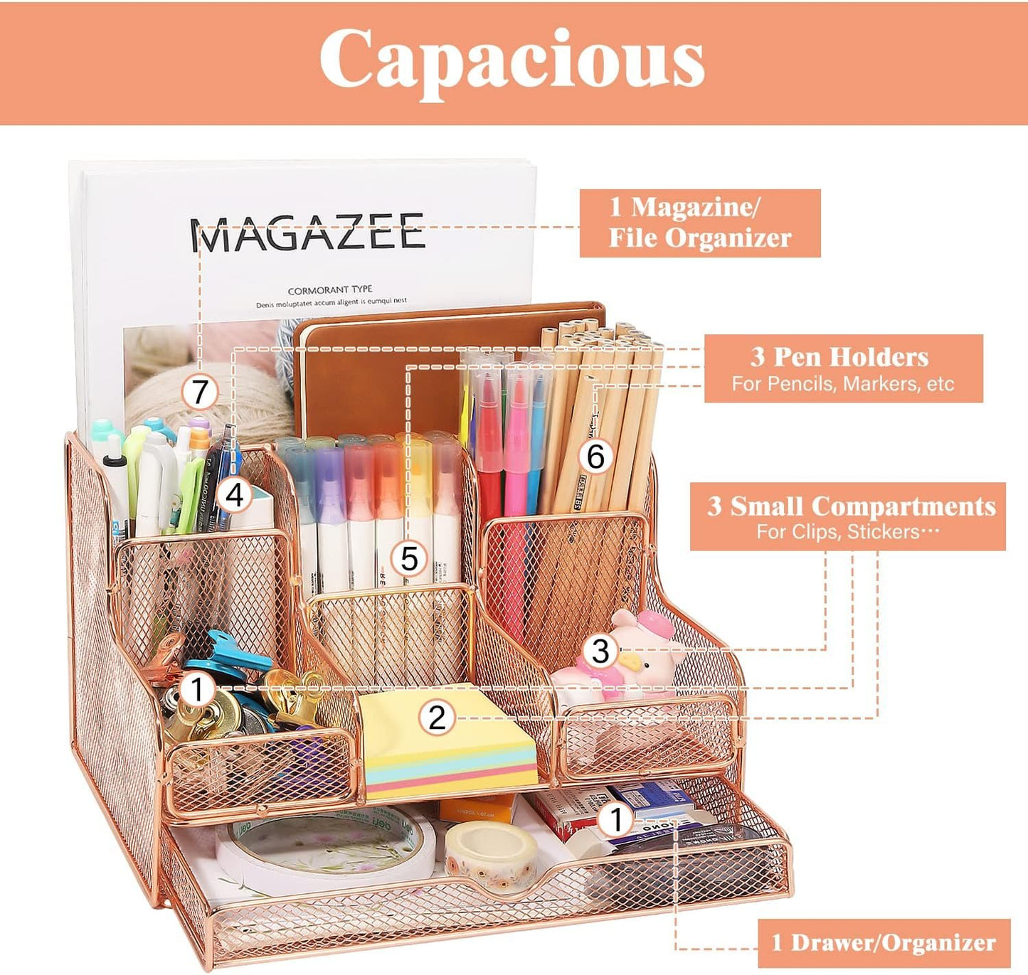 MoKo Desk Organizer,Office Organizers for Desk with 7 Compartments,Desk Organizer with Drawers for Notebook, Pens, Pencils Stationary Accessories School Supplies, Rose Gold