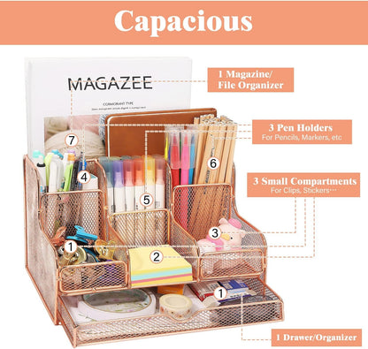 MoKo Desk Organizer,Office Organizers for Desk with 7 Compartments,Desk Organizer with Drawers for Notebook, Pens, Pencils Stationary Accessories School Supplies, Rose Gold