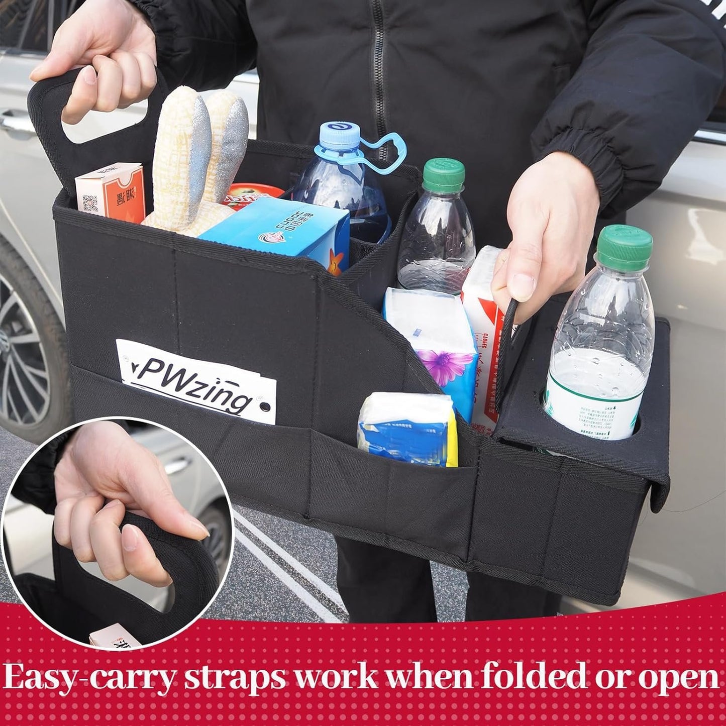 Car Seat Organizer Backseat Car Storage Box, Foldable Vehicles Organizer with 11 Storages Compartments & 2 Cup Holders, Travel Car Storage Basket for Truck Trunk Van