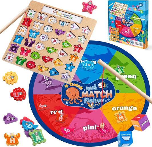 Magnetic Wooden Fishing Game, Plunack Alphabet Fishing Toy for Toddler Boys Girls 3-5 Years Old, ABC Letter Puzzle Montessori Sorting Toy, Fine Motor Skills Toy Birthday Gift for 3 4 5+ Year Old Kids