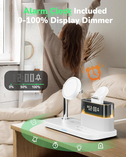 5 in 1 Wireless Charger with Alarm Clock for A pple,Mag-Safe Charging Station for iPhone 16/15/14/13/12,iWatch Series 10/9/Ultra 2/8/7/SE/SE2/6/5,Air-Pods 4/3/Pro/2,Magnetic Charger Stand(White)