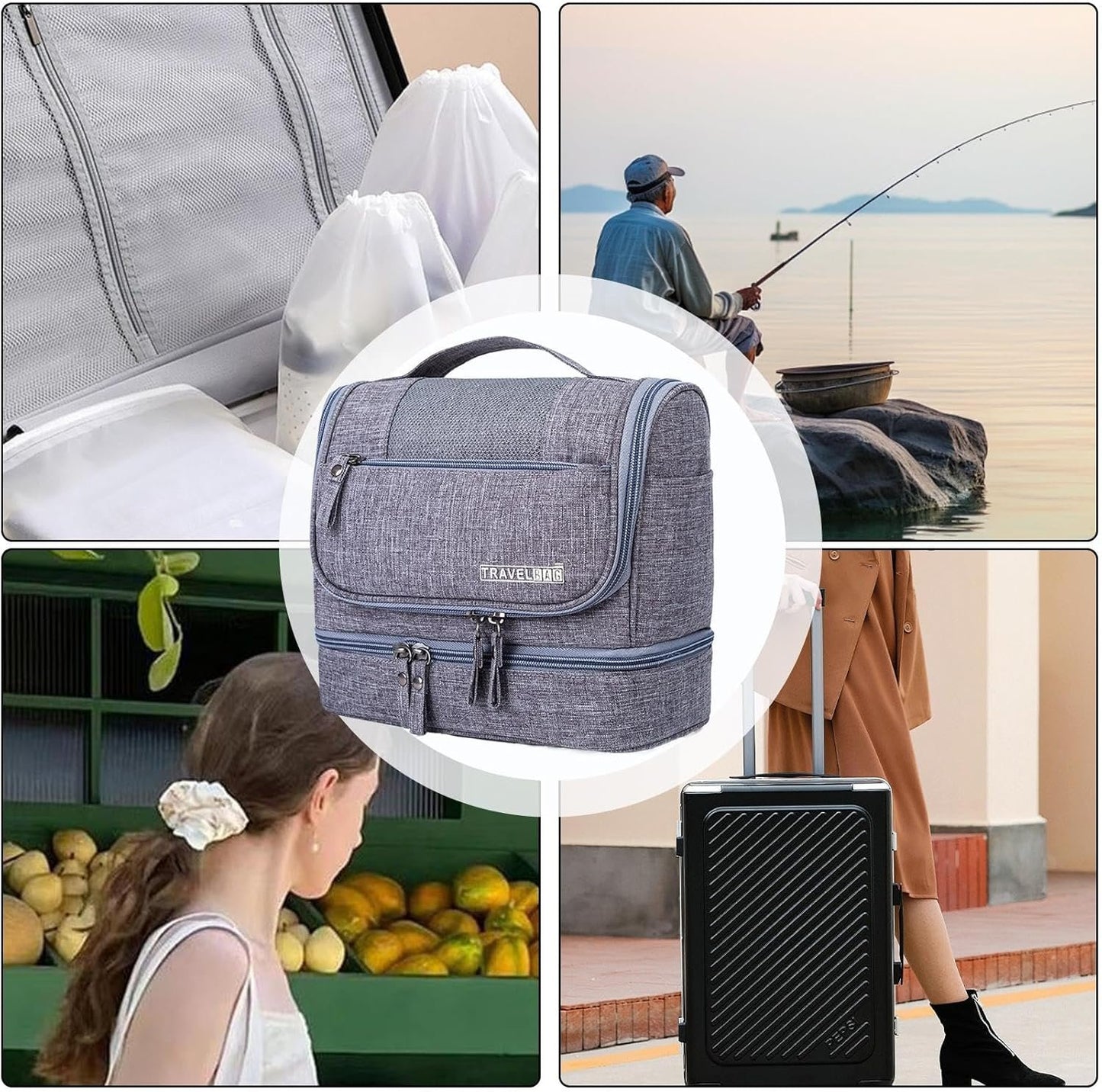 Travel Storage Bag, Compact Travel Organizer, Home Travel Organizer, Toiletry Storage Bag, Travel Hygiene Kit, Wet Dry Organizer, Travel Bag Storage With Hook for Home Travel, Gray, riferimento