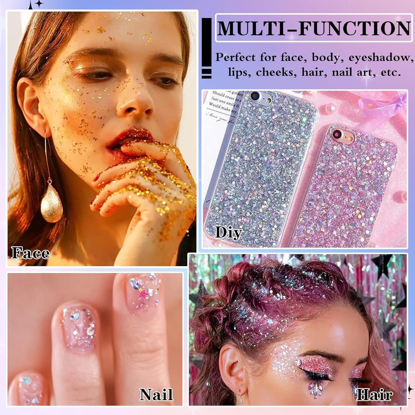 DAMUSI 3 Colors Face Glitter Gel Body Glitter Holographic Hair Glitter for Kids,Face Glitter Makeup,Chunky Sequins Face Body Hair Glitter Gel,Festival Rave Accessories (Gold+Silver+White)