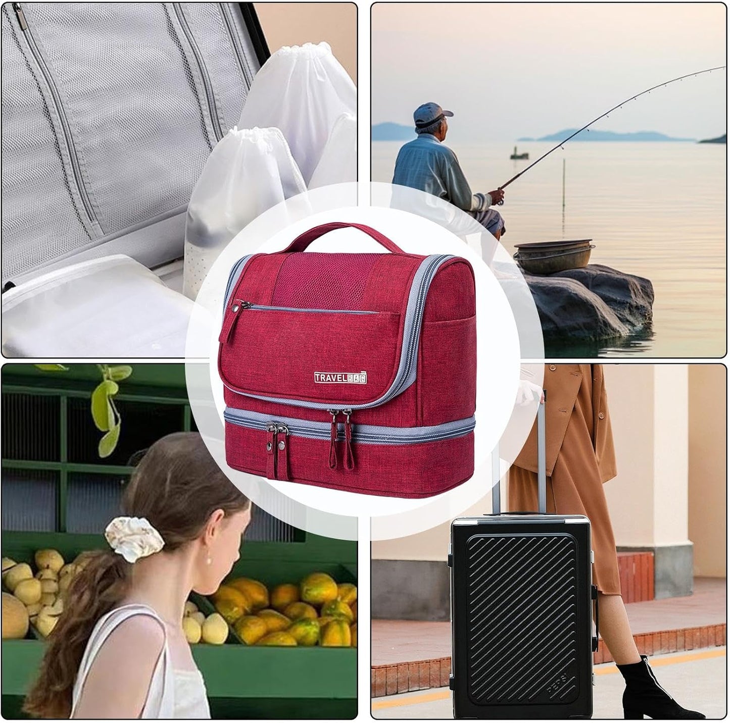 Ravel Toiletry Bag, Large Capacity Zipper Bag, Wet and Dry Separation Bag, Travel Pouch with Hook, Toiletry Organizer for Travel, Waterproof Toiletry Bag for Travel and Home Use, Wine Red, Please
