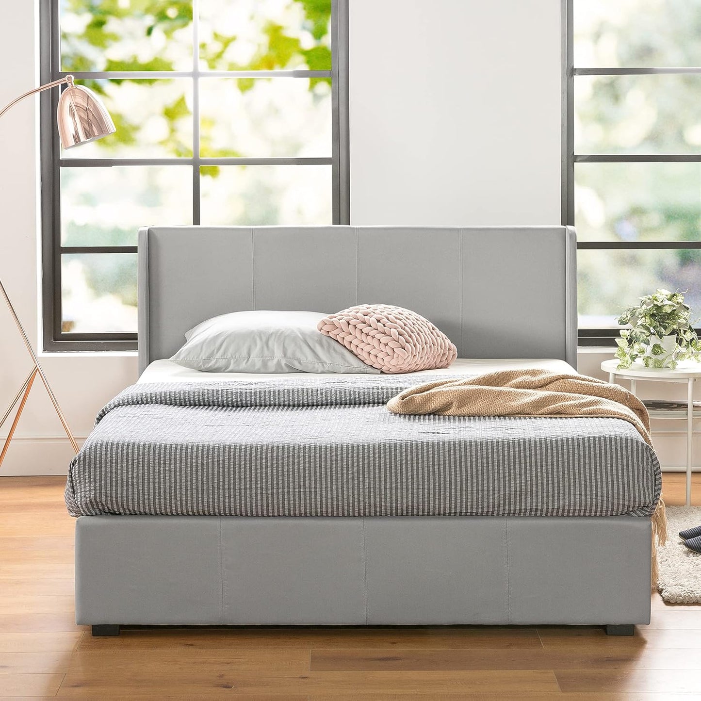 Double Bed Frame, Zinus Fabric Upholstered Bed Base with Gas Lift Storage, Light Grey, Bedroom Furniture