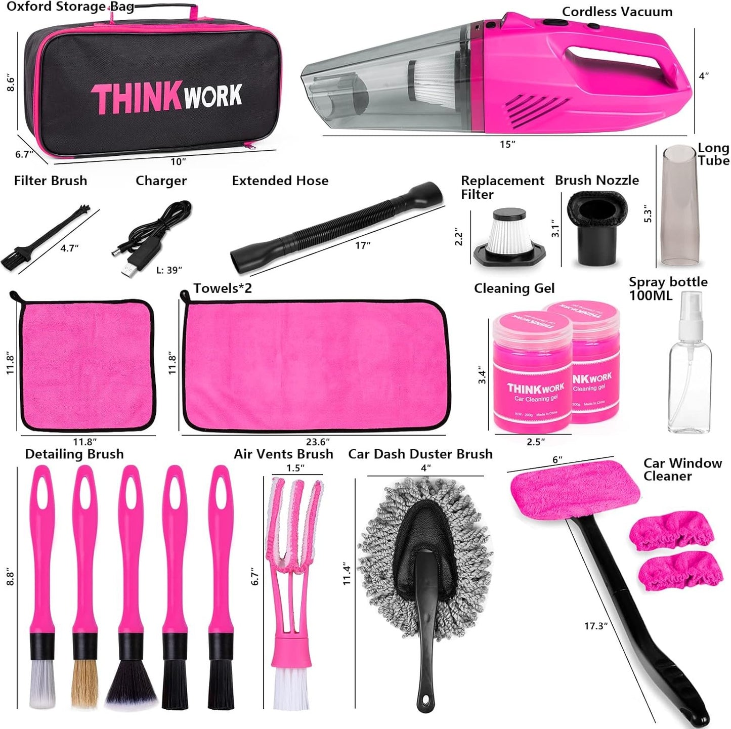 THINKWORK Car Detailing Kit Interior Cleaner, Car Cleaning Kit with 8000PA Cordless Pink Handheld Vacuum Cleaner, Car Interior Detailing Brush Set, Pink Car Accessories, Gift for Women