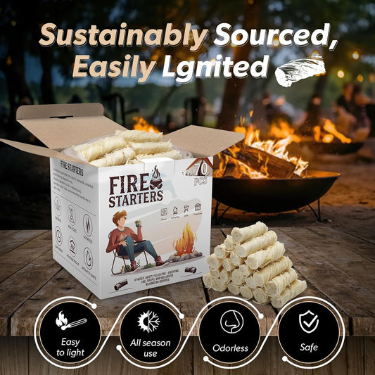 70 pcs Fire Starter, Natural Fire Starters for Fireplace Indoor, Campfires, Grill, Wood Stove, Fire Pit, Smoker, Chimney, Pizza Oven - All-Weather Indoor/Outdoor Charcoal Starters, Eco Friendly