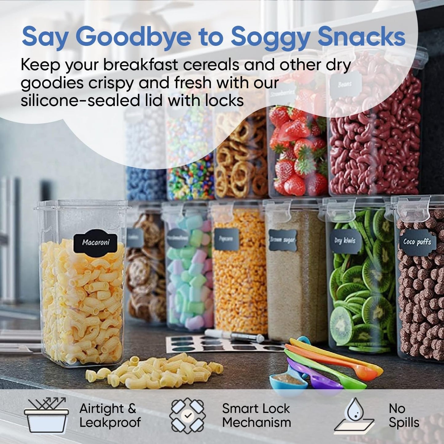 Chef's Path Airtight Food Storage Containers Set - 12 PC/Small Size - 2L- Kitchen Pantry Organization - BPA-Free Plastic Canisters - Includes Labels - Marker and Spoon Set