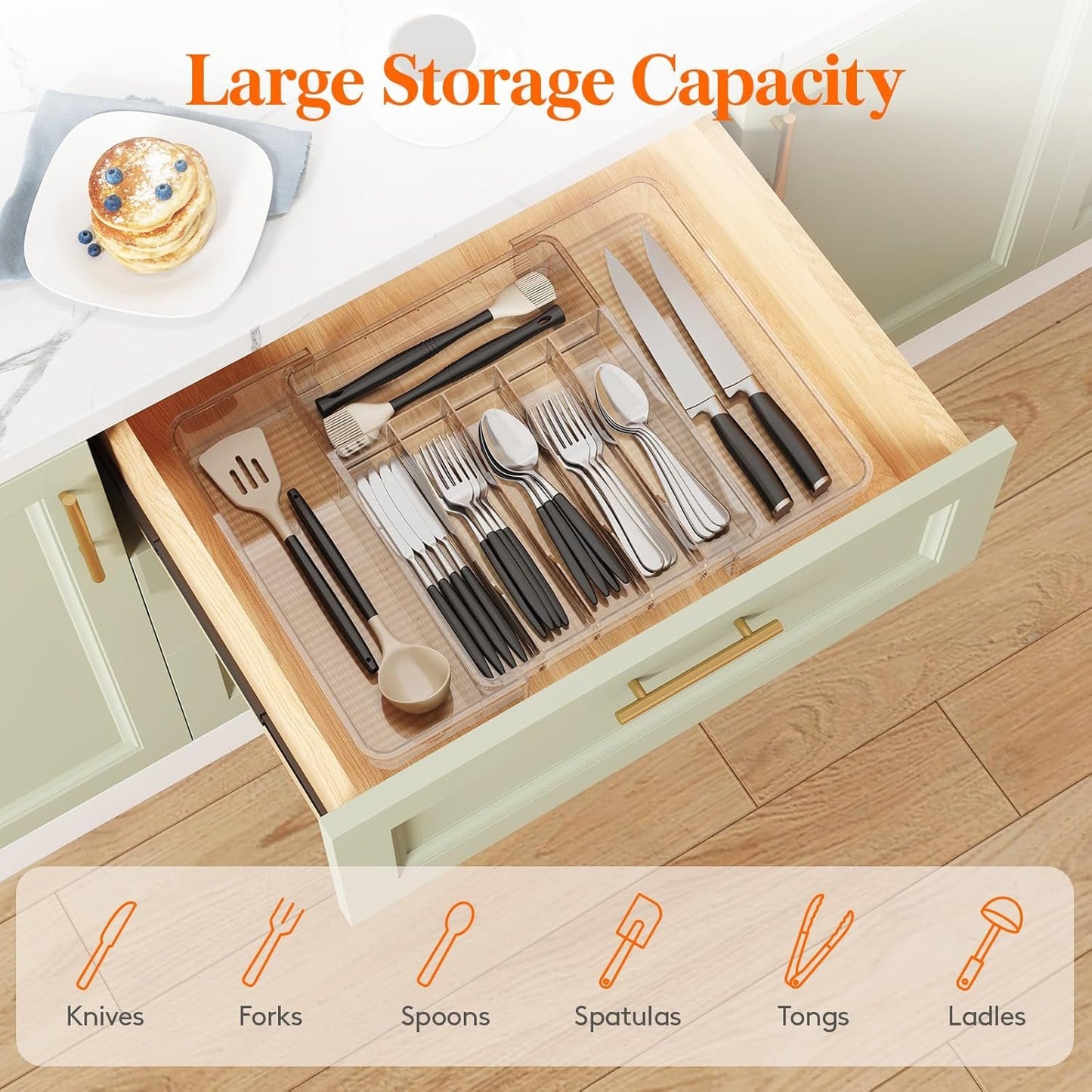 Lifewit Silverware Organizer for Kitchen Drawer, Clear Expandable Utensil Tray for Spoons Forks Knives, Adjustable Flatware Cutlery Holder Storage, Large