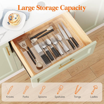 Lifewit Silverware Organizer for Kitchen Drawer, Clear Expandable Utensil Tray for Spoons Forks Knives, Adjustable Flatware Cutlery Holder Storage, Large