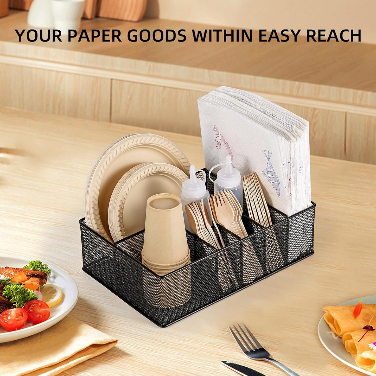 GOFULLHOME Paper Plate Organizer for Countertop, Metal Silverware Caddy Cutlery, Flatware Organizer Storage Box With 7 Compartments for Plates, Cups, Napkins