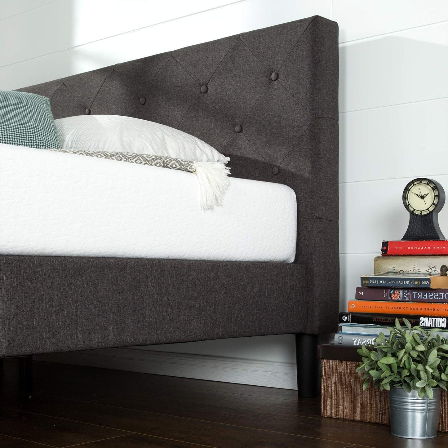 Zinus Full Bed Frame - Shalini Upholstered Platform Bed Frame with Full-Sized Headboard - Wood Slat Support, Easy Assembly, No Box Spring Needed, Underbed Storage Space, Dark Grey, Full Size
