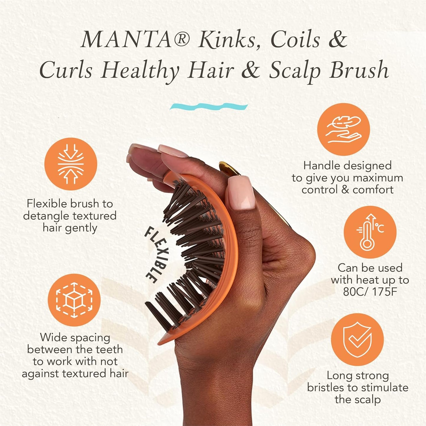 Manta Curls Anti-Breakage Hairbrush – Detangling Brush for Curly & Afro Hair, Gentle Wet & Dry Hairbrush for Women, Orange