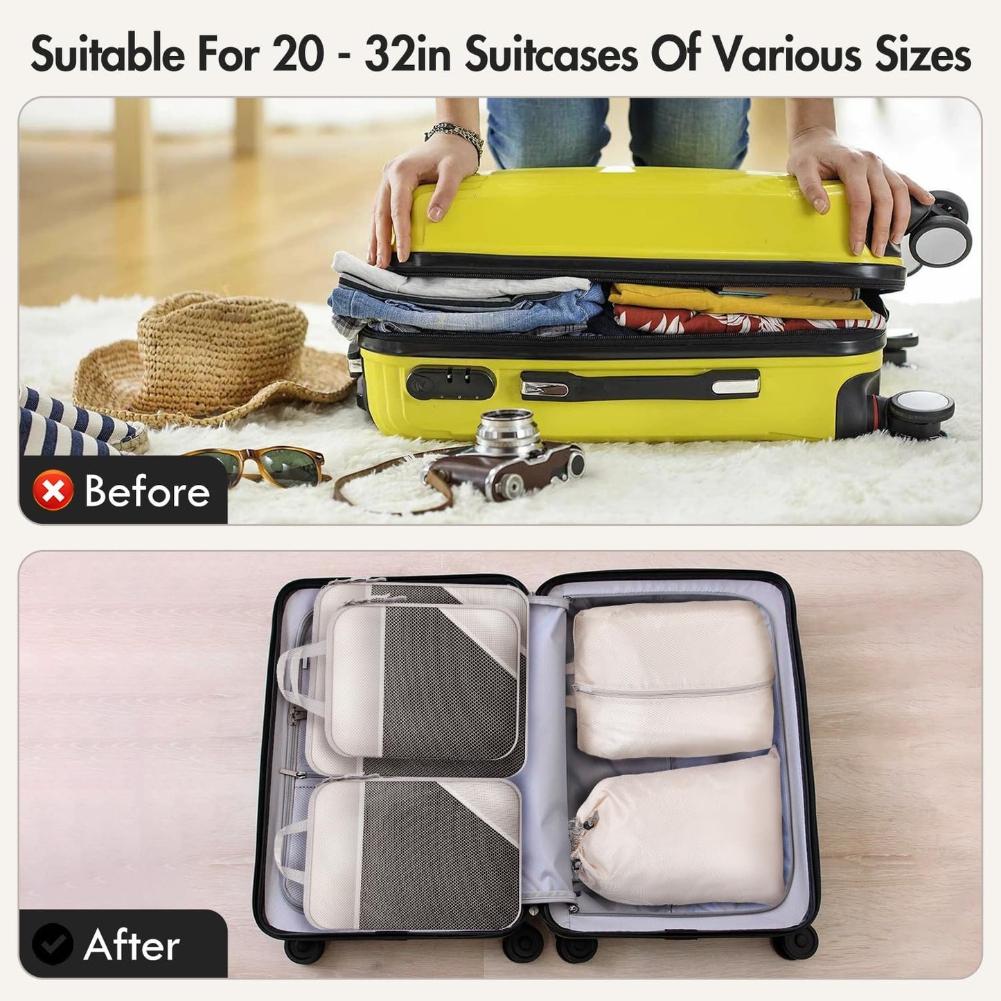 MUUKAIII Luggage Organizer Set of 9 Cubes for Travel, Compression Organizer Suitcase, Space-Saving Suitcase, Travel Organizers, Packing Cubes Set, Travel Organizer for Clothes, Ultralight, Beige