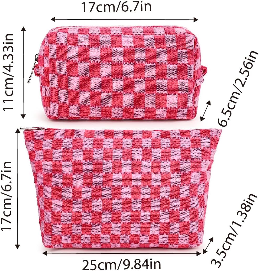 AIMALL 2PCS Checkered Makeup Bag for Purse - Portable Zipper Cosmetic Pouch, Small Travel Case for Accessories, 9.84in & 6.7in